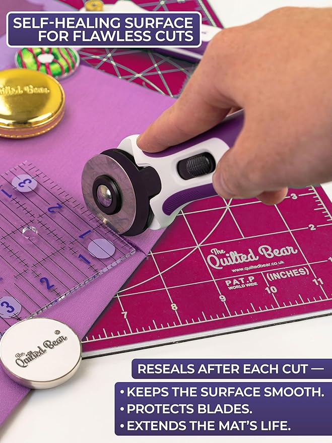 The Quilted Bear Rotating Cutting Mat 7" x 7" - Locking & Rotating Self Healing Cutting Board for Sewing, Fabric & Effortless Quilting - 360 Degree Sewing Supplies Mat for Craft Table (Pink)
