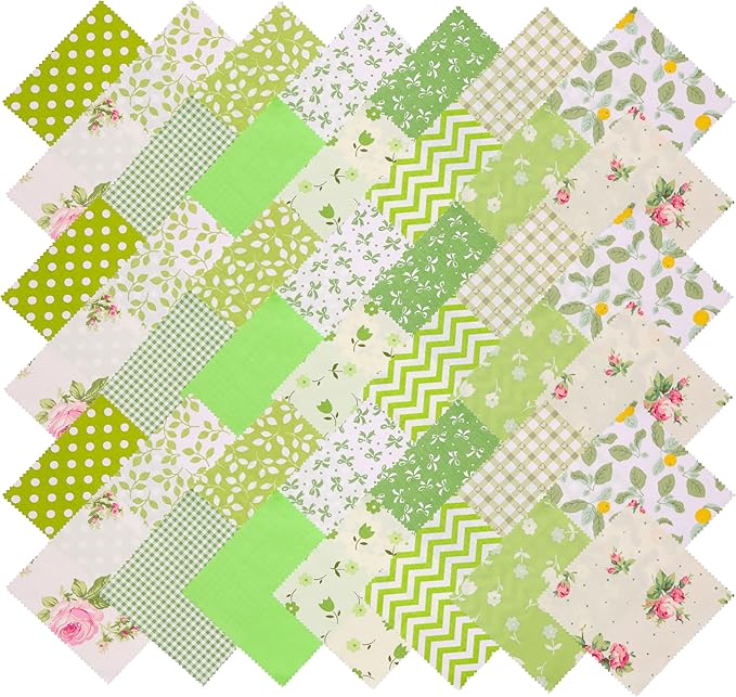 Charm Packs for Quilting 5 inch - 42 5" Charm Squares for Quilting - Green Print Cotton Fabric Quilt Squares 5x5 for Sewing, Patchwork, and DIY Crafts - Green