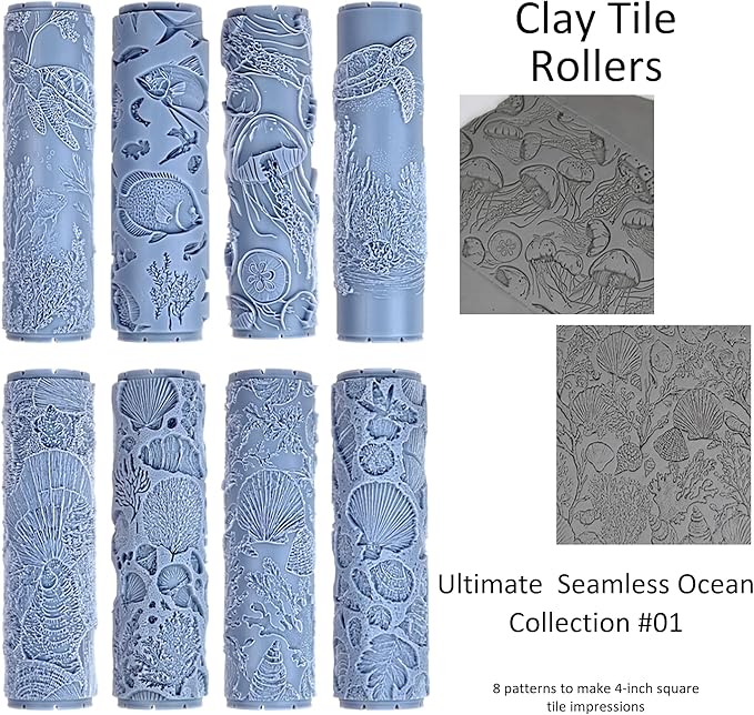 Ultimate Seamless Ocean 8-Set Clay Texture Rollers (4") - Seamless Ocean Set #01 - Embossing Pattern Rollers for Polymer & Ceramic Clay, Pottery & Crafts