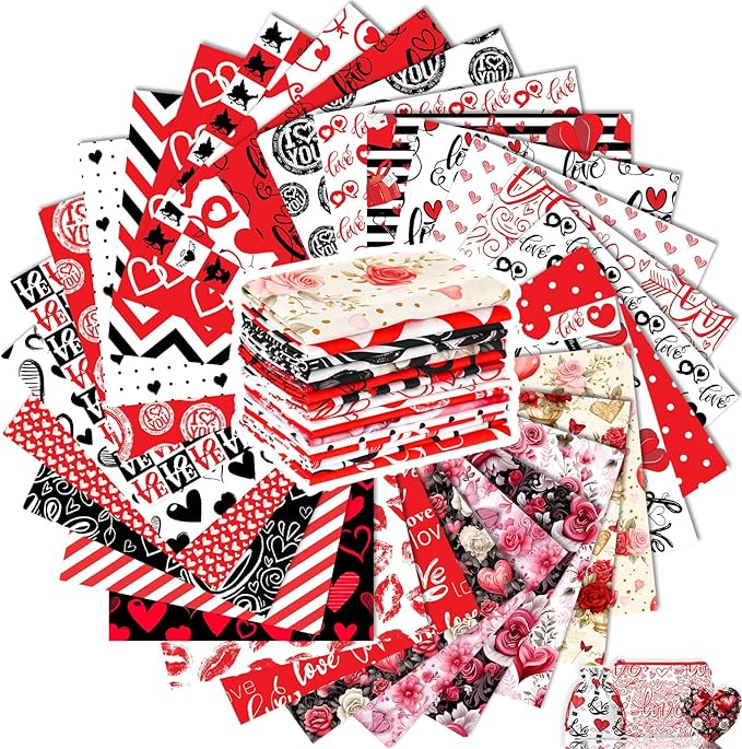 Tatuo 30 Pieces 10 x 10 Inches Cotton Fabric Bundle Squares Patchwork Floral Fabric Sewing Quilting Bundles Assorted Pattern Cloth for DIY Scrapbook Craft Making (Classic Valentine)