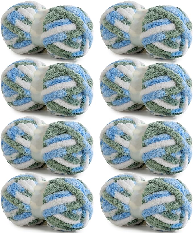 HOMBYS 8 Pack Giant Chunky Yarn for Crocheting,Super Bulky Large Soft Fluffy Yarn,Tie Dye Plush Fuzzy Yarn,Mixed Color Thick Chenille Yarn for Hand Knitting/Arm Knitting (Sky Blue,Green,White)
