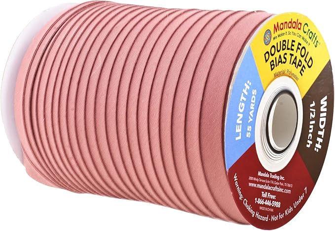 Mandala Crafts 55 Yards 1/2 Inch Dusty Rose Double Fold Bias Tape for Sewing - Bias Binding Tape for Quilting Binding, Hemming, Seam, and Fabric Piping