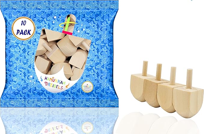 The Dreidel Company 10-Pack Hanukkah Wood Dreidels, Design Your Own Dreidel, DIY 1.5" Inch Unfinished Natural Wooden Chanukkah Dreidels (10-Pack)