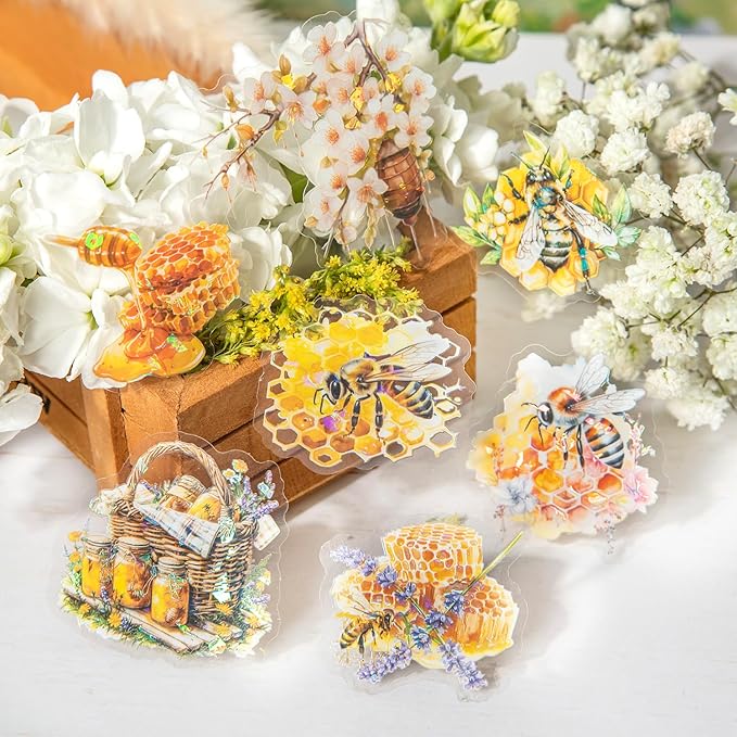 60-Piece Holographic Bee Insect Garden Girls Aesthetic Stickers – Clear Honeybee, Floral, Honeycomb Scrapbooking Stickers for Journaling, Resin Art, Laptops, Test Tube Vase Decoration