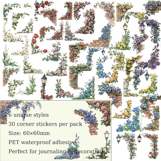 Courtyard Corner Set – 180 Vintage Floral Stickers for Junk Journal, Scrapbook Supplies, DIY Journaling, L-Shaped Decorative Labels