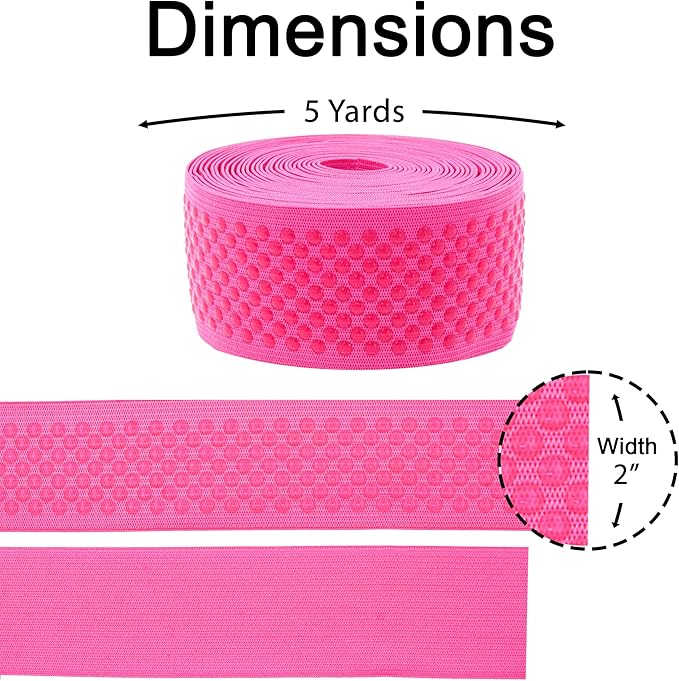 Mandala Crafts 2 Inch Elastic Silicone Gripper Tape for Clothing - 5 Yds Dotted Non Slip Elastic Band for Sewing - Hot Pink Silicone Flat Fabric Stretchy Ribbon Straps
