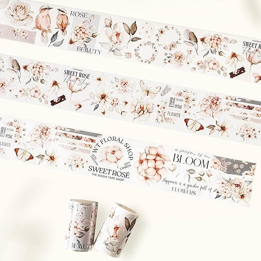 WT Pre-Cut Sweet Rosé Wide PET Tape, Single Roll, Original Designs, Dreamy Rose Motifs & Subtle Handwritten Accents, Decorative Clear Tape for Journaling, Scrapbooking, Planner, DIY Crafts