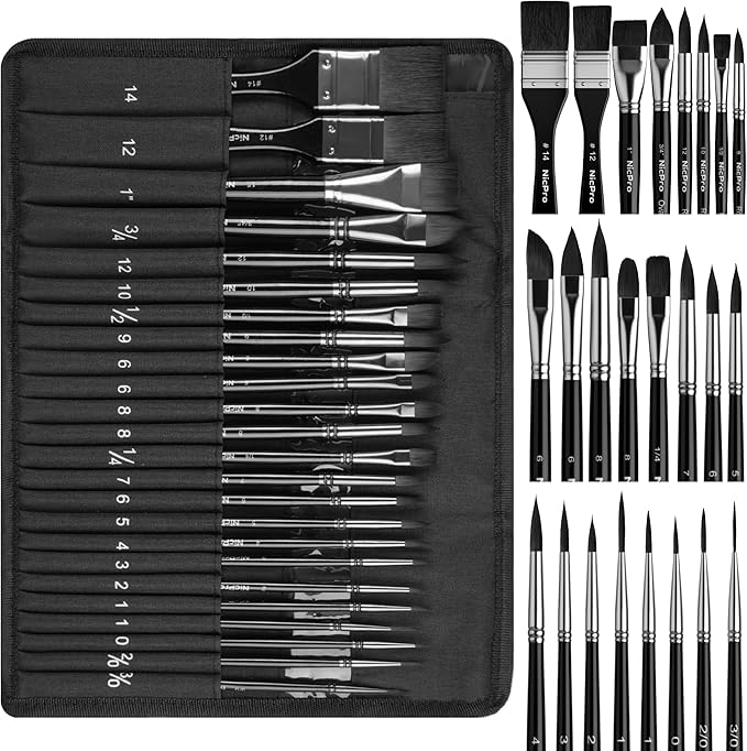 Nicpro Watercolor Brushes Professional, 24pcs Soft Synthetic Squirrel Hair Watercolor Paint Brush Set with Cloth Roll, Round, Flat, Filbert, Dagger, Cat Tongue for Water Color Gouache Inks Painting