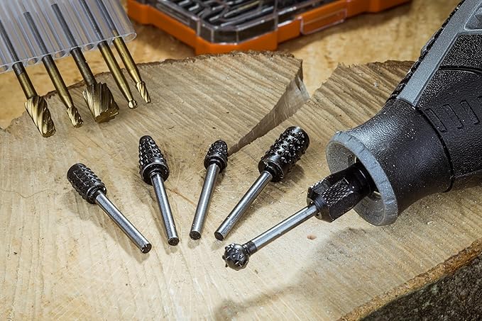 NordWolf 10-Piece Wood Carving Rasp Files Set for Rotary Tools, with 1/8" Straight Shank for Woodworking, Deburring, Shaping & Grooving in Storage Case