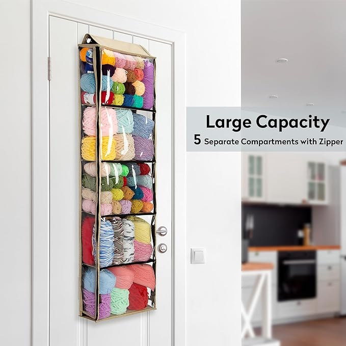 PACMAXI Hanging Yarn Storage Knitting Organizer Storage with 5 Compartments, Clear Wall Display Bulk Yarn Organizer for Knitting Needles, Crochet Hooks(Large Size) (linen)