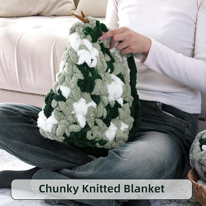 HOMBYS 8 Pack Giant Chunky Yarn for Crocheting and Hand Knitting: Super Bulky, Large Soft, Fluffy, Plush Fuzzy, Mixed Color Thick Chenille (Green Multi, White)