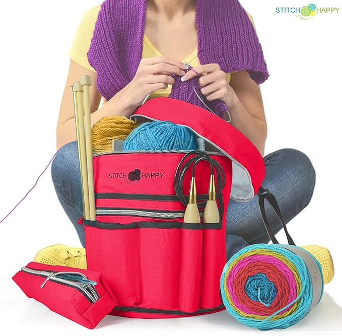 Designer Stitch Happy Knitting Starter Kit: 20 Piece Knitting Kit for Beginners & 7 Pocket Yarn Bag, Signature Yarn Storage - Red