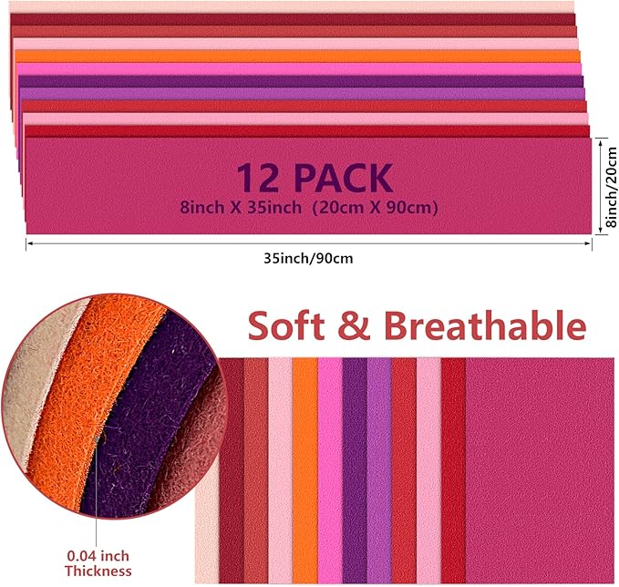 Large Stiff Felt Sheets Bundle Felt Fabric Sheets for Crafts 12 Rolls 8"x35" Soft Red Color 12 Assorted Colors Felt Pack for DIY Craft Sewing Squares Nonwoven Patchwork (Red)