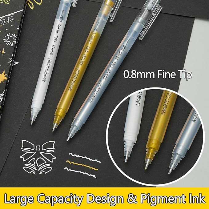Gold Silver White Gel Pens, 0.8mm Extra Fine Point Opaque Archival Ink Pen for Black Paper Drawing, Art Highlight, Illustration, Bullet Journaling, Card Making & DIY Projects, 3 Pack
