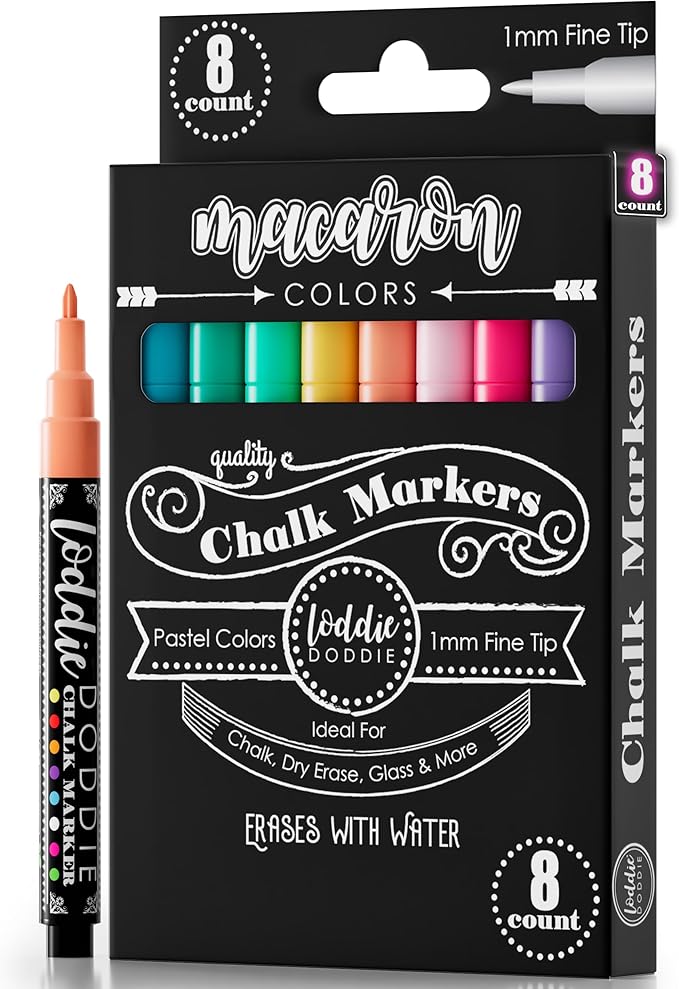 Loddie Doddie Liquid Chalk Markers Fine Tip - 8-Pack, 1mm Tip, Macaron Pastel - High-Precision Detailing & Chalk Pen - Erasable Low-Odor Ink for Blackboard - Versatile Glass & Window Markers