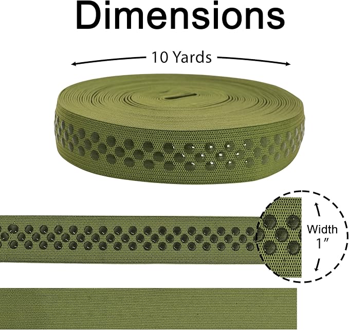 Mandala Crafts 1 Inch Elastic Silicone Gripper Tape for Clothing - 10 Yds Dotted Non Slip Elastic Band for Sewing - Olive Green Silicone Flat Fabric Stretchy Ribbon Straps