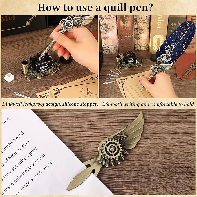 Quill Pen Ink Set with Wax Seal,Feather Quill Pen, a Collision of Punk and Retro Styles, both Calligraphy Pen Set and Wax Seal Stamp Kit, Suitable for Calligraphy Lovers of All Ages (Blue)