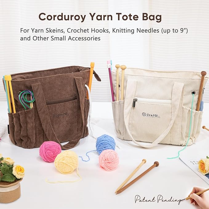 Crochet Bag and Tote - Corduroy Yarn Bag - Yarn Holder for Crocheting - Crochet Storage Bag for Crochet Hooks, Crochet Accessories, Knitting Bag for Crochet Lovers, Mother's Day Gift