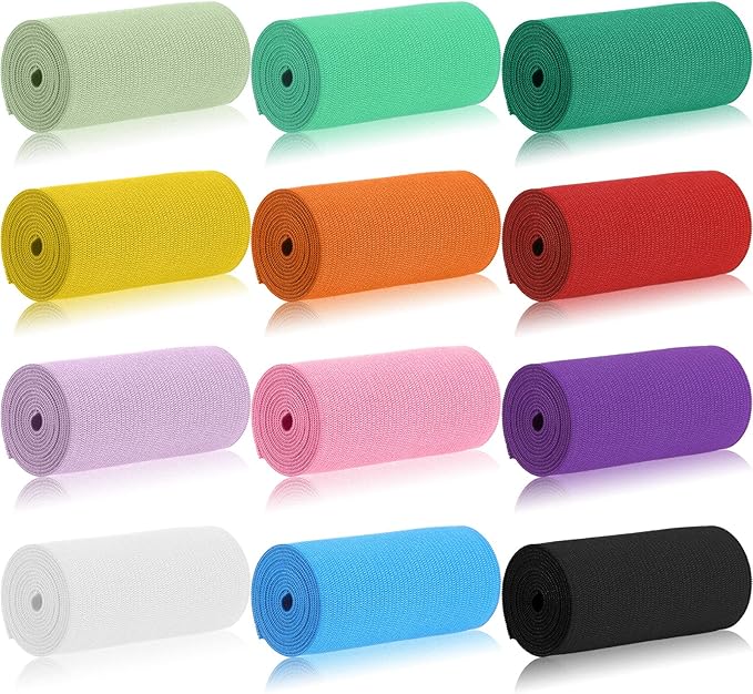 WILLBOND 12 Rolls Colorful Elastic Band Folding Elastic Cord Heavy Duty Stretch Band Knitted Flat Band for Sewing Crafts DIY Comforter Cuffs(3 Inch X 0.9 Yards,Bright Color)