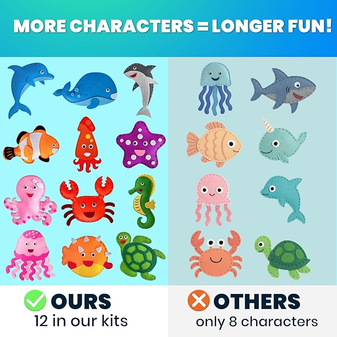 QUOKKA Kids Crafts Ages 4-8, DIY Beginner Needle and Thread Kit - 12 Sea Animals Sewing Kit Basic - Fun Arts Crafts for Kids Ages 6-8 Girls Boys - Plastic Needles, Scissors - 6+ Year Old Girl Gifts