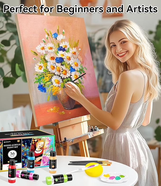 52 PCS Classic & Pastel & Glow in the Dark Acrylic Paint Set with 12 Brushes, 2 Knives & Palette, 36 Colors Art Craft Paint for Beginners, Canvas Ceramic Rocks Wood Painting Kit Art Supplies