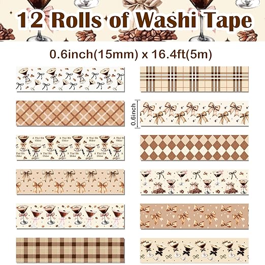 12 Rolls Martini Washi Tape, Vintage Brown Checkered Bow Masking Tape, Martini Coffee Decorative Sticker for Party Afternoon Tea Holiday Scrapbook Journal DIY Craft Gift Wraps 16.4FT