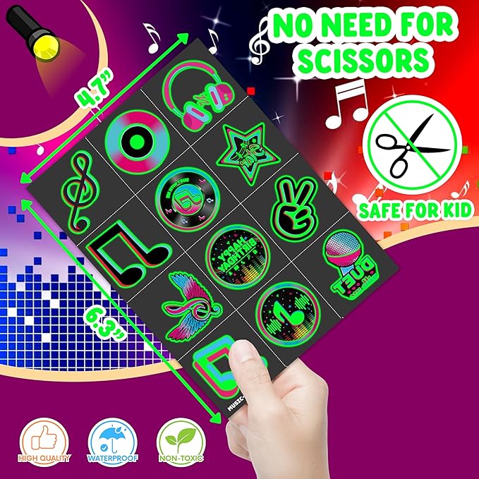 96PCS Music Note Notes Musical Pre-Cut Luminous Glow in the dark Temporary Tattoos for Kids Birthday Themed Party Supplies Decorations Favors Super Cute Instrument Stickers Tattoo Gifts for Boys Girls