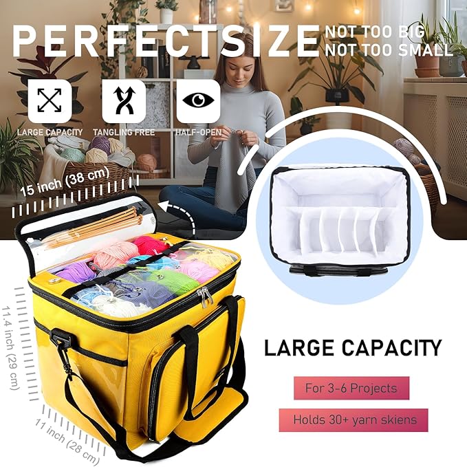 Hoshin Knitting Bag for Yarn Storage, High Capacity Yarn Totes Organizer with Inner Divider Portable for Carrying Project, Knitting Needles(up to 14”), Crochet Hooks, Skeins of Yarn (Yellow)