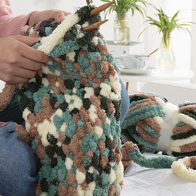 Hombys 8 Pack Giant Chunky Yarn for Crocheting & Knitting, Super Bulky Soft Fluffy Tie Dye Plush Yarn, Mixed Color Thick Chenille (Green, White Multi)