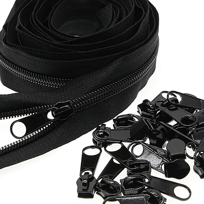 Leekayer #5 Black Nylon Coil Zippers by The Yards Bulk 10 Yards with 25pcs Black Sliders for DIY Tailor Sewing Craft,Luggage,Dress,Sofa Cushion,Pillow,Bag(Black)