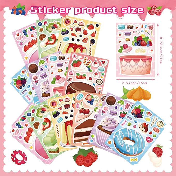 24 Sheets Make a Cake Sticker for Kids, Make Your Own Dessert Mix and Match Stickers with Cupcakes, Puddings, Swiss Rolls, Fruit & Sweets Stickers for Classroom Birthday Parties Supplies Crafts