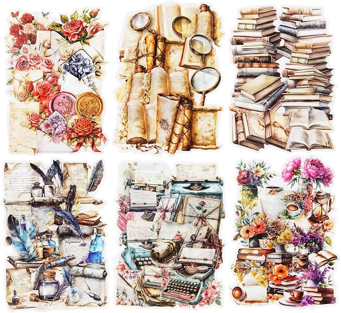 Vintage Book PET Sticker Set, 120PCS Retro Ephemera for Scrapbooking, Journaling, Crafting, DIY Projects, and Art Supplies