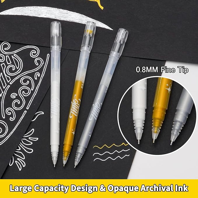 YUANCHENG Gold Silver White Gel Pens, 4 Pack,0.8 mm Extra Fine Point Gel Ink Pens.Suitable for Black Paper Drawing,Card Making,Artists Drawing. Sketching,White Gel Pen for Art Highlight