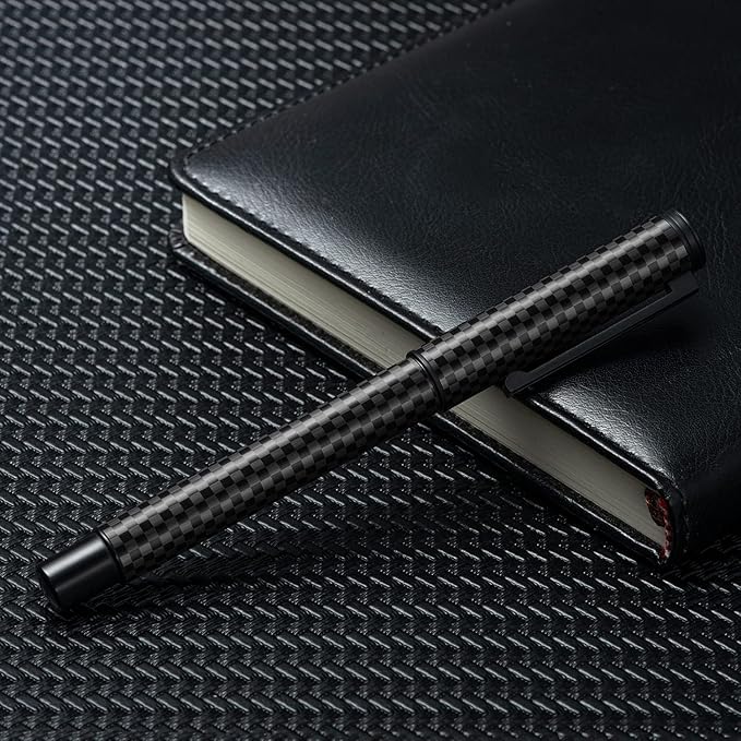 Hongdian 1861 Black Forest Carbon Fiber Fountain Pen, Long Blade Nib Modern Design Smooth Writing Pen with Converter and Metal Pen Case Set
