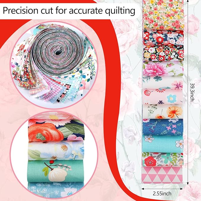 Tegeme 40 Pcs Jelly Fabric for Quilting, Japanese Cotton Patchwork Roll, Retro Floral Print Precut Fabric, Quilting Strips, 2.55 Inch Patchwork Roll for DIY Sewing Crafts (Fresh Style)