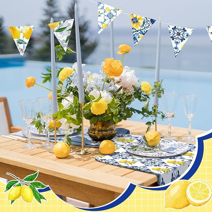 Hahafelt 10 Pcs Lemon Quilting Fabric Square 18 x 22 Inch Chinoiserie Quilted Fabric Bundle Blue White Yellow Lemon Printed Floral Precuts Patchwork Supplies for Summer DIY Sewing Crafts