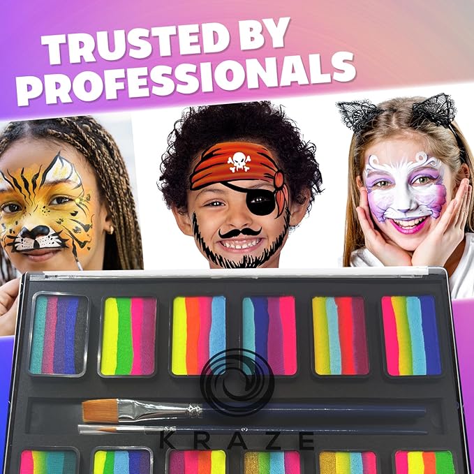 Kraze FX Graffiti Split Cake Palette - 12 x 10 gm by Tamina Muhammed Professional 1-Stroke Split Cake Hypoallergenic Non-Toxic Water Activated Face and Body Painting for Kids Safe Adults