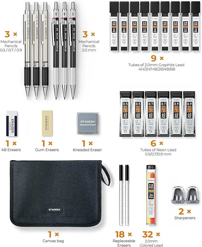 Mechanical Pencil Set with Canvas Bag 30 Count, Drawing Pencils 0.5, 0.7, 0.9MM & 3PCS 2MM Sketching Pencils with 464PCS Lead Refills (6B 4B 2B HB 2H 4H Color) for Artist Drafting Drawing