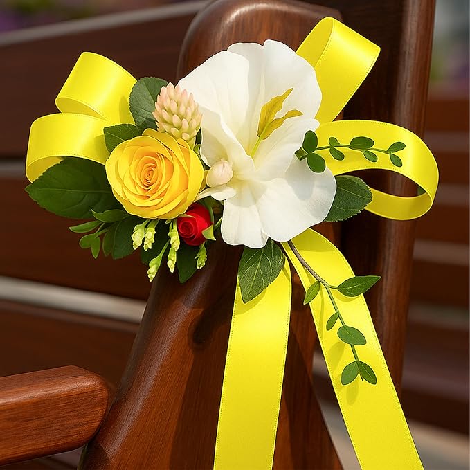 Fullive 1 1/2 Inch Ribbon for Gift Wrapping, 30 Yards Lemon Yellow Ribbons for Crafts, Polyester Satin Ribbon for Birthday Holiday Christmas Decorations DIY Bows Wrapping Bouquet Floral Arrangements
