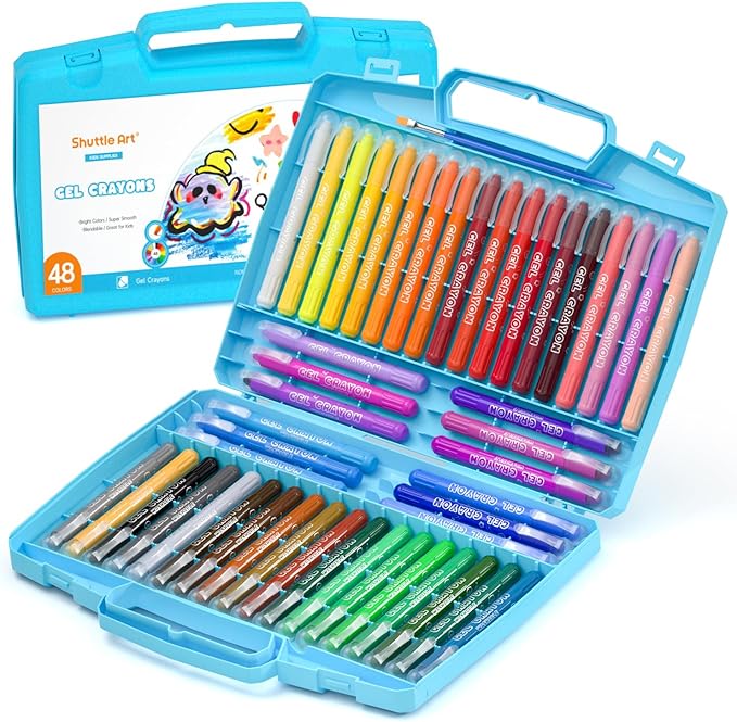 Shuttle Art 48 Colors Gel Crayons for Toddlers, Non-Toxic Crayons Set with 1 Brush and Foldable Case for Kids Children Coloring, Crayon-Pastel-Watercolor Effect, Ideal for Window Paper Glass