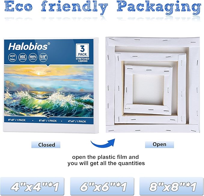 3 Packs Stretched Canvases for Painting with 4x4 Inch, 6x6 Inch, 8x8 Inch, Square Blacnk Canvases for Acrylics,Oils & Other Painting Media, 5/8 Inch Profile 100% Cotton Artist Framed Canvas