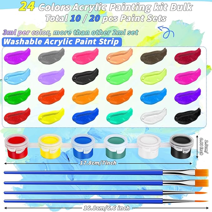 560 Pcs 24 Colors Mini Acrylic Paint Bulk for Kids Adults,20 Set Washable Craft Painting Kit, Acrylic Paint Strips Container with 40 Pcs Paintbrushes for Home Classroom Party Favors Paiting Gifts