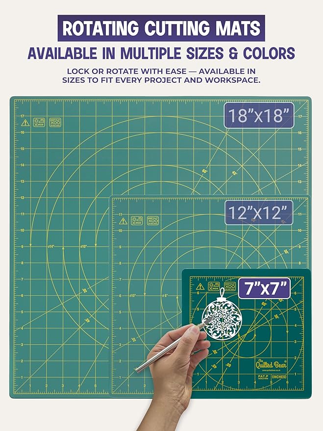 The Quilted Bear Rotating Cutting Mat 7" x 7" - Locking & Rotating Self Healing Cutting Board for Sewing, Fabric & Effortless Quilting - 360 Degree Sewing Supplies Mat for Craft Table (Green)