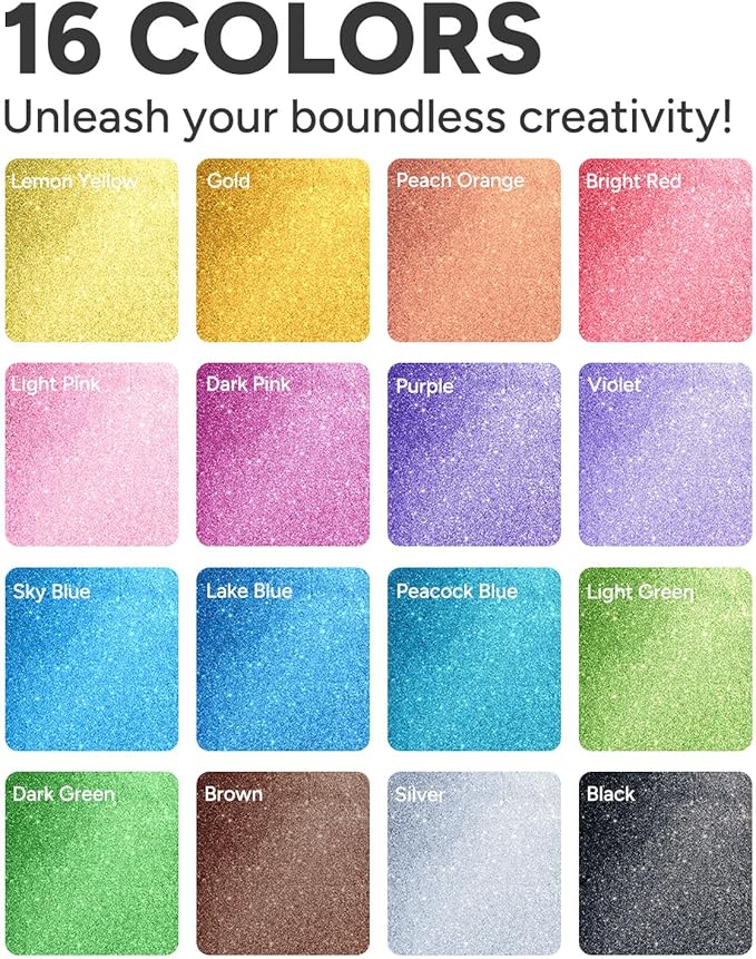 JusArt 16 Colors Glitter Markers, Glitter Paint Pens Sparkly and Shiny for DIY Card Making, Coloring, Scrapbooking, Glass, Wood, Stone, Fabric, Rock - 0.7mm Extra Fine Acrylic Paint Markers