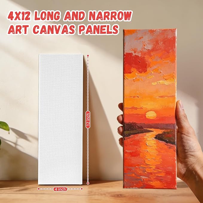 Simetufy Long Canvas Panels 4x12 Inch, 12 Pack – Primed 100% Cotton Flat Canvas Boards for Painting – Acid-Free White Art Surfaces for Oil, Acrylic, Gouache & Tempera