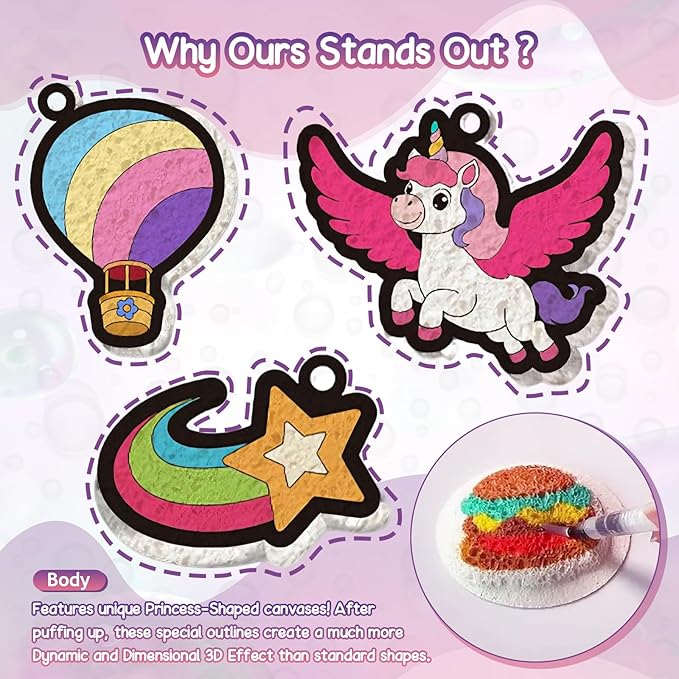 Taotuo Magic Foam Texture Painting Kit - 3D Art Puffy Paint Kit, Princesses & Unicorns,15 Mess-Free Paint by Number Craft for Kids Ages 3-10