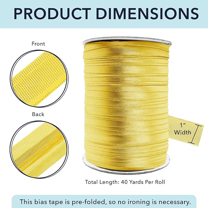 Mandala Crafts 1 Inch Single Fold Bias Tape for Sewing, Quilting, Piping, Hemming, Blanket & Quilt Binding – 40 Yards Metallic Gold Fabric Seam Binding Tape