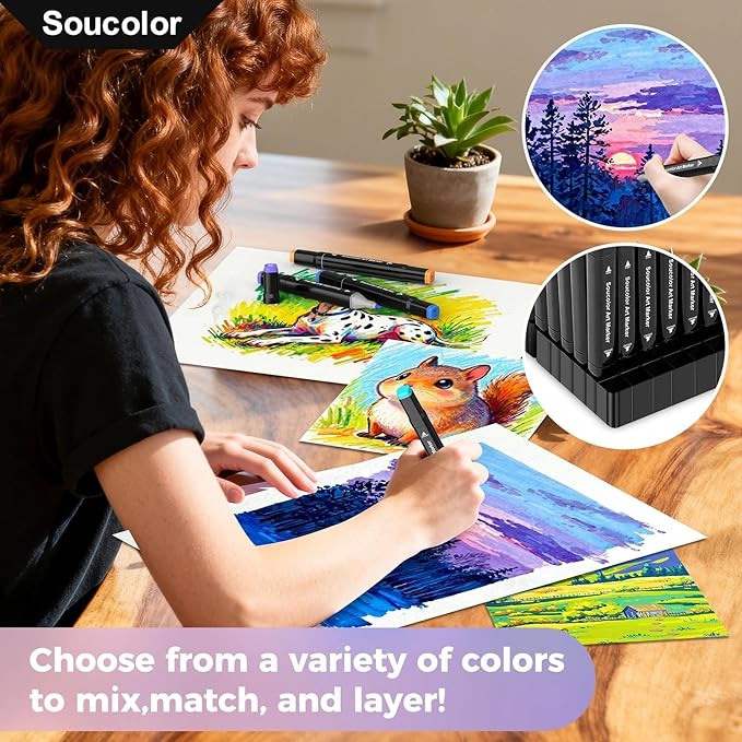 Soucolor Alcohol Markers 80 Colors with Case & Holders, Dual Tips Chisel & Fine Art Markers for Adult Coloring Kids Drawing, Artist Markers Art Supplies for Blending Sketching