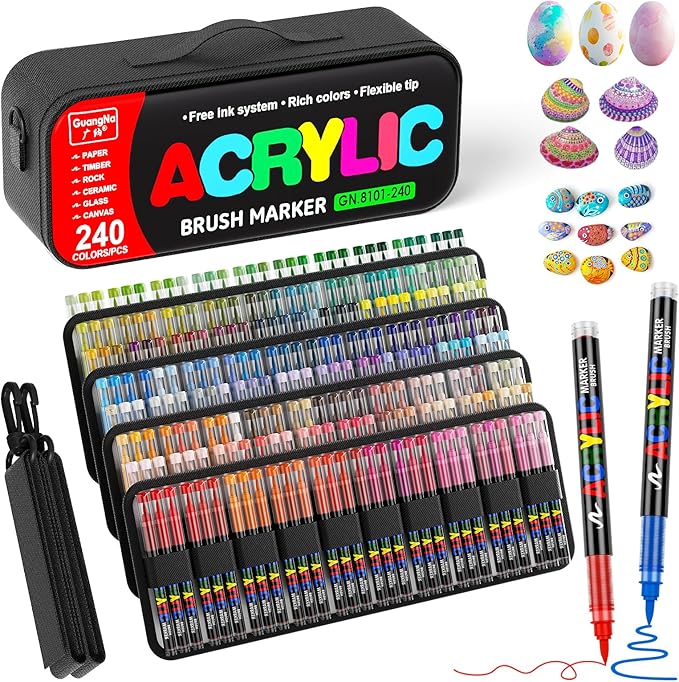 240 Colors Acrylic Paint Markers with Carrying Bag and Shoulder Strap, Soft Brush Tip Paint Pens, Acrylic Pens for Wood, Canvas, Glass, Fabric, Egg, Rock Painting and DIY Crafts Art Supplies (240)