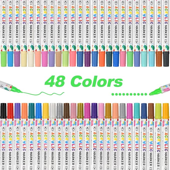 48 Colors Acrylic Paint Pens, Dual Tip Acrylic Paint Markers for Paper, Wood, Canvas, Stone, Rock Painting, Glass, Fabric, DIY, Ceramic, Art Supplies for Adults Drawing (Dot + Fine)